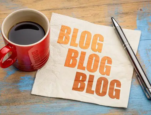 blog, blog, blog - blogging concept on a napkin with cup of espresso coffee